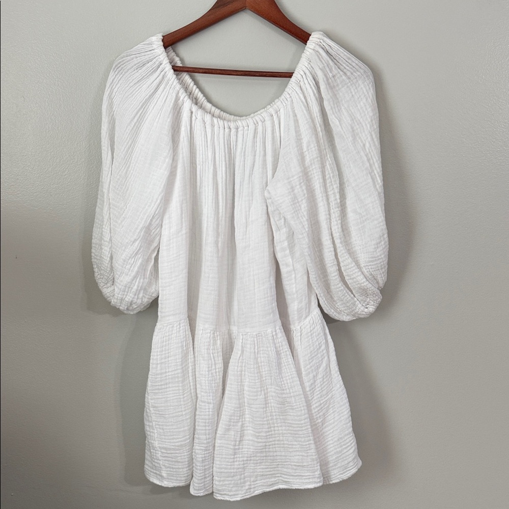 Felicite White Cotton Peasant Tunic Dress with Puff Sleeves